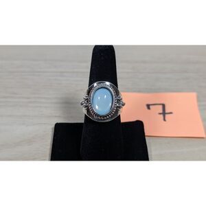 Vintage Style Silver Tone Blue Cabochon Ring Boho Statement Ring Size 7